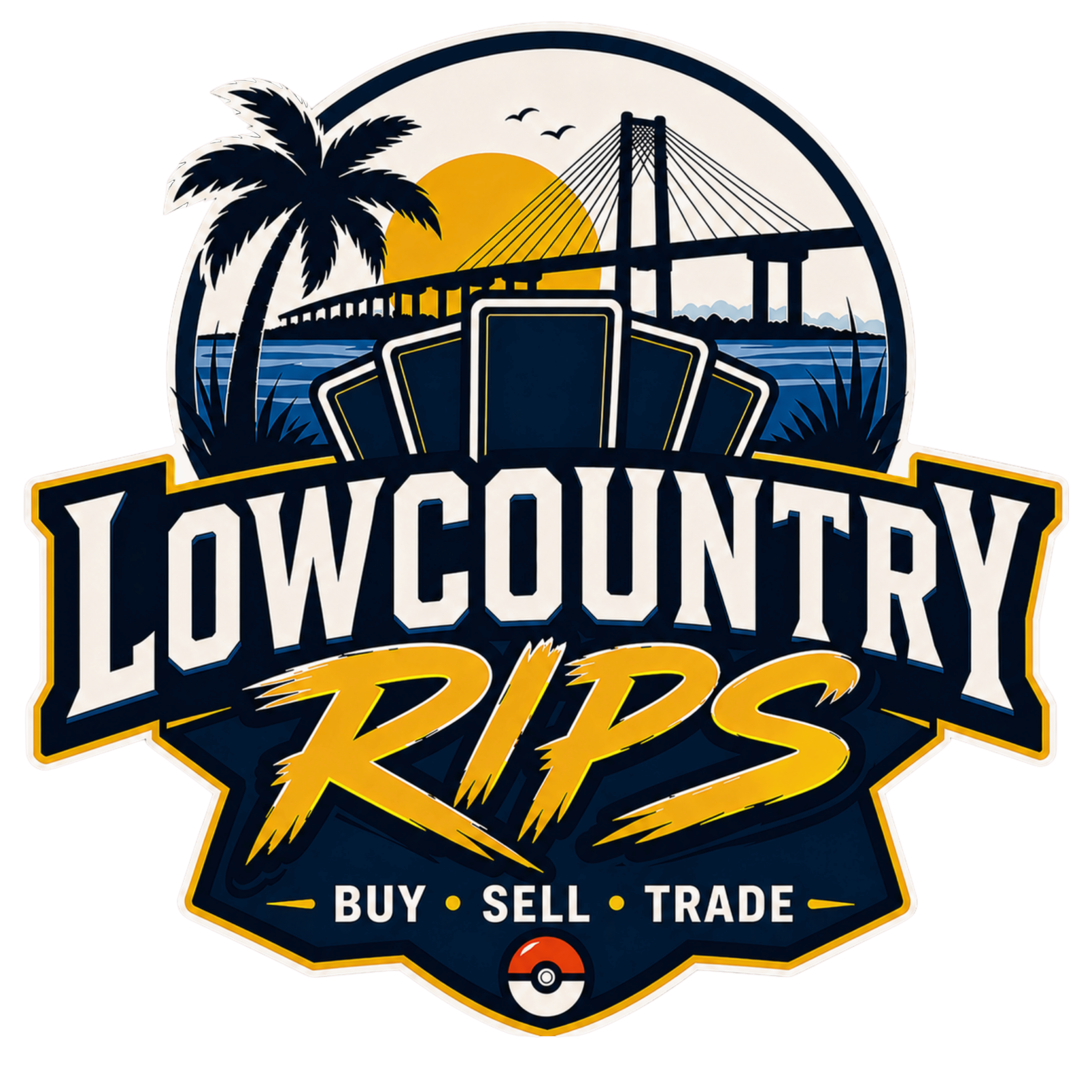 LowCountryRips bridge, palm tree, trading cards and gold Rips logo